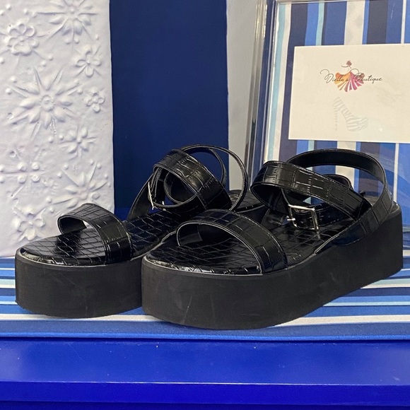 Black croc animal print platform wedge flatform ankle strap sandals Sz 10 - Picture 7 of 10
